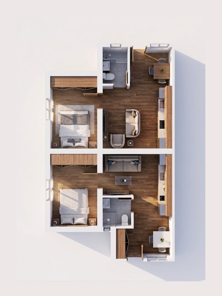 Furnished top-down render of the same floor plan
