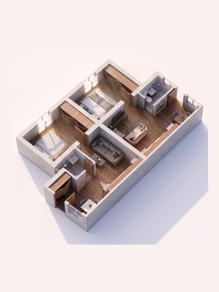 Three-dimensional cutaway of the apartment in daylight