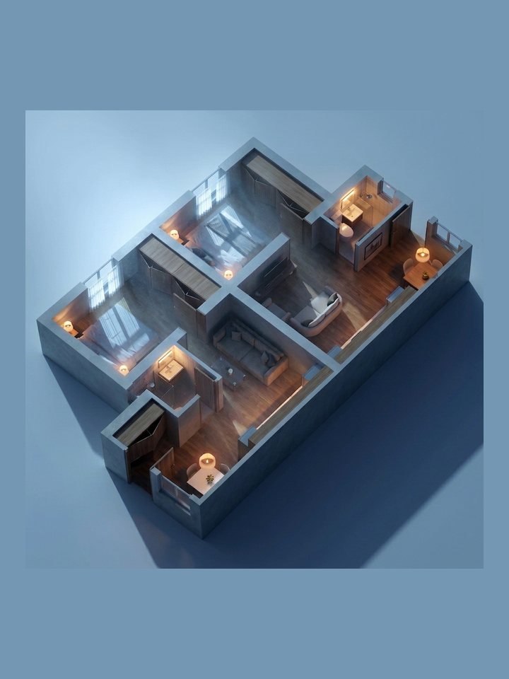 The same cutaway rendered at night with interior lighting