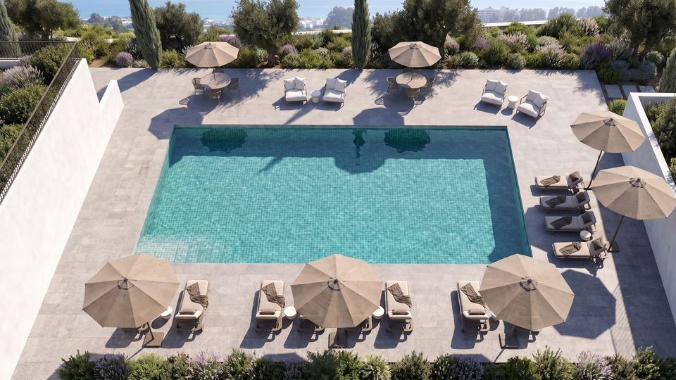 Overhead view of the swimming pool and sun terrace