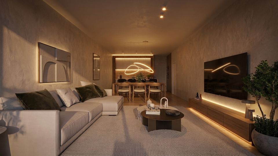 The living room after dark under warm interior lighting
