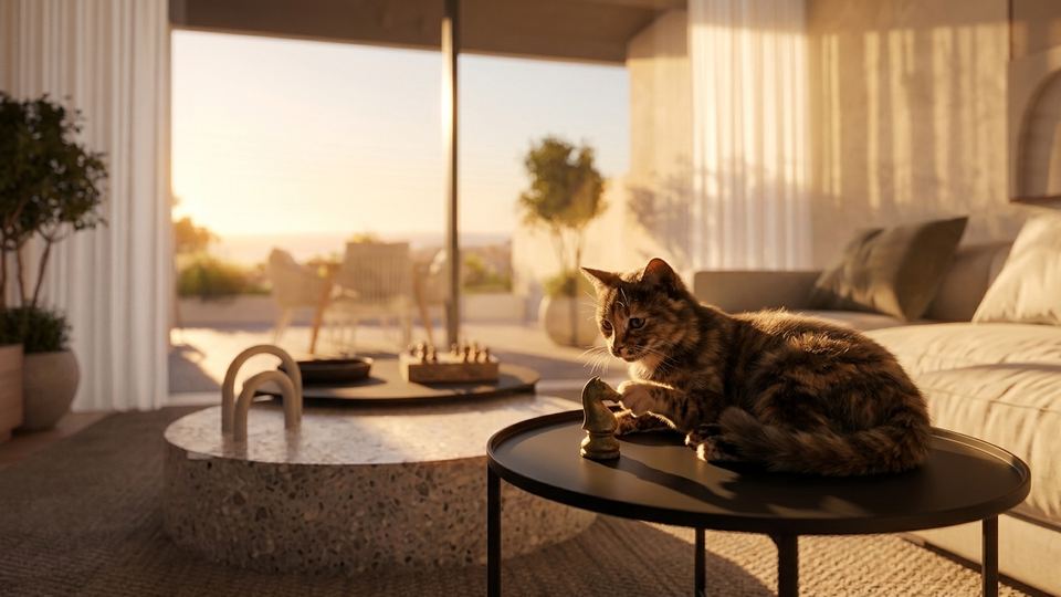 A cat resting on a side table in golden evening light