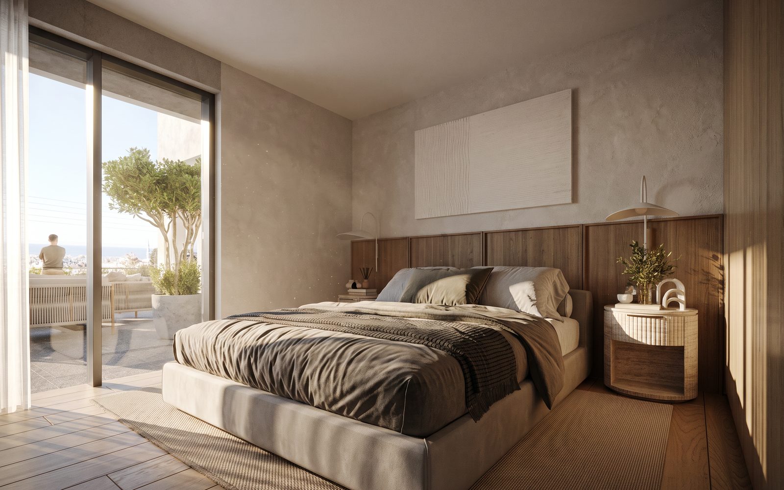 The same bedroom relit and finished to editorial standard