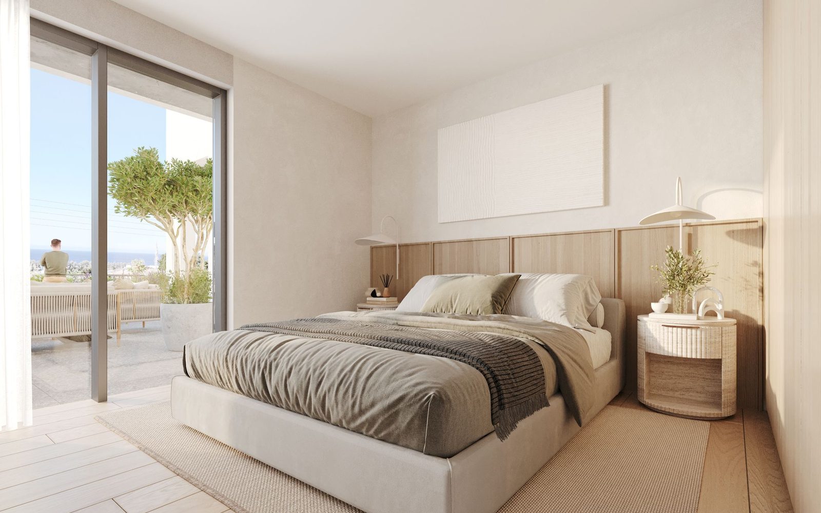 Original flat-lit render of the bedroom, before enhancement