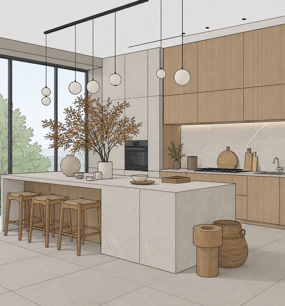 Concept sketch of a kitchen, flat and unlit